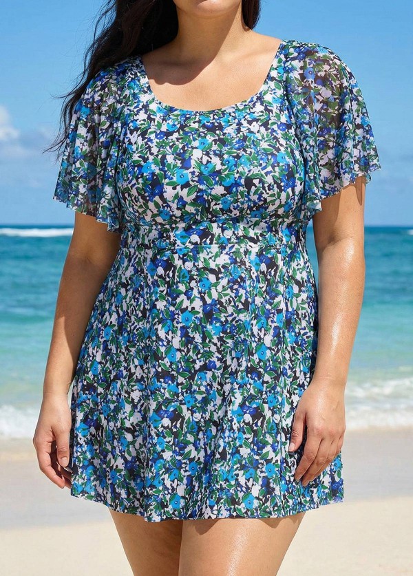 Plus Size Blue Green Floral Print Mesh Short Sleeves Padded Ruffle Swimsuit Swimdress Set