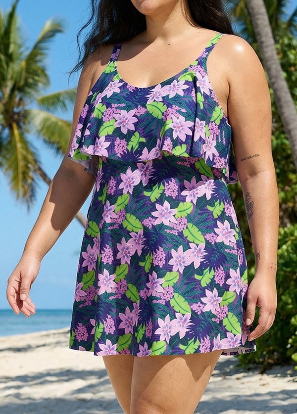Purple Floral Layered Ruffle Trim Adjustable Strap Elegant Plus Size Swimsuit One Piece Swimdress