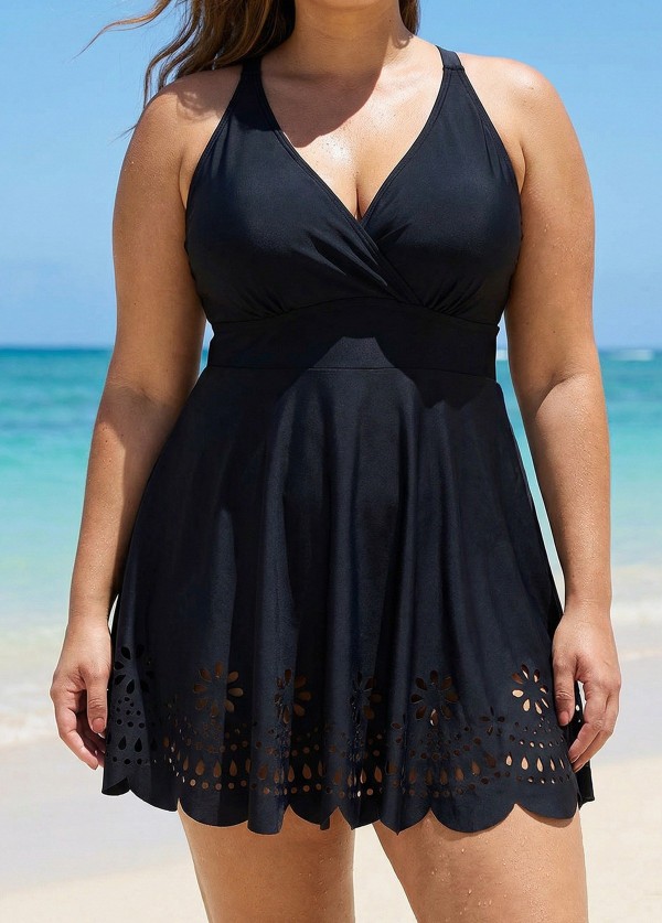 Curvy Black Laser Cut Ruched Swim Skirts For Women One Piece Swimdress