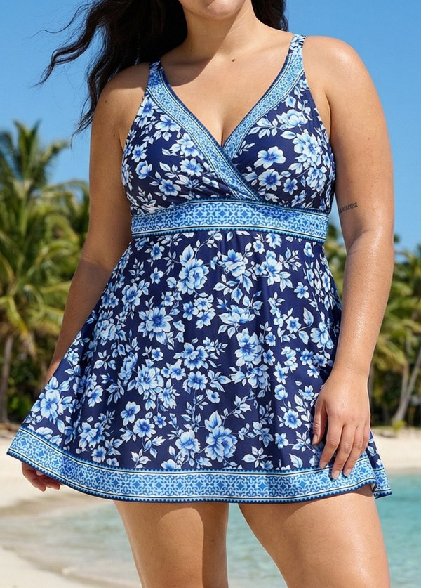 Plus Size Navy Floral V Neck Sleeveless Modest Women's Swimsuit Swimdress Set