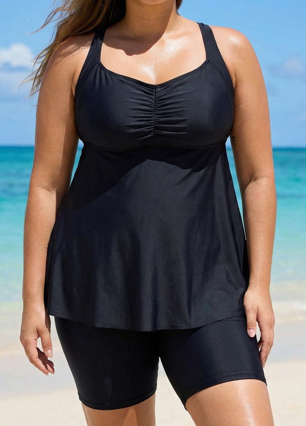Fashionable Black Square Neck Flowy Plus Size Modest Women's Tankini Swimsuit Top