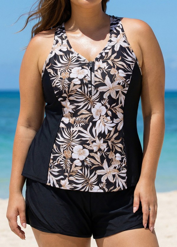 White Floral Zipper Curvy Swimwear Bathing Suits Tankini Top