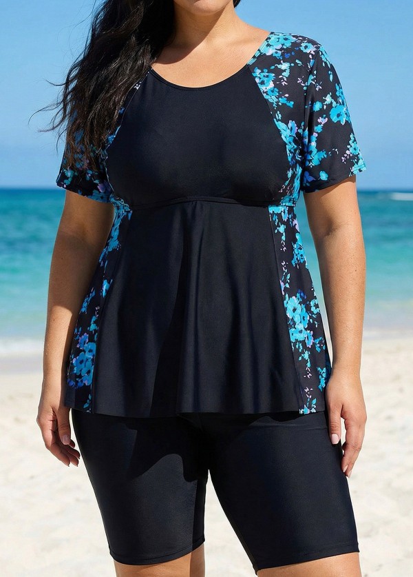 Plus Size Blue Floral Upf50+ Short Sleeves Modest Women's Swimsuit Shirt Tankini Top