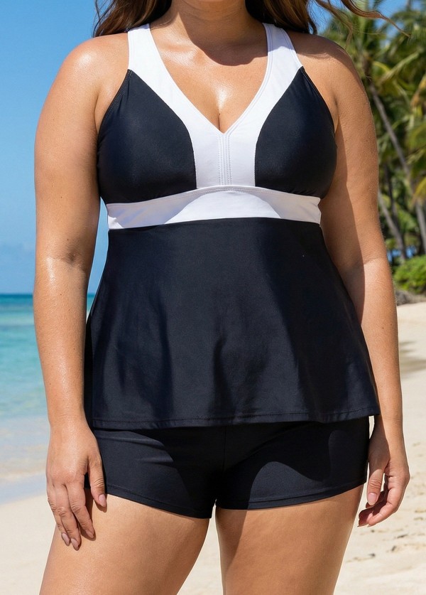 Black And White V Neck Ruffle Fashion Tankin Top