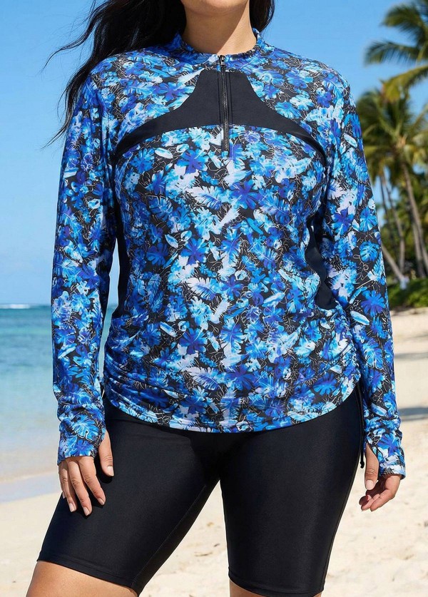 Curvy Blue Tropical Print High Neck Long Sleeves Zipper Drawstring Swim Uv Shirt Tankini Top