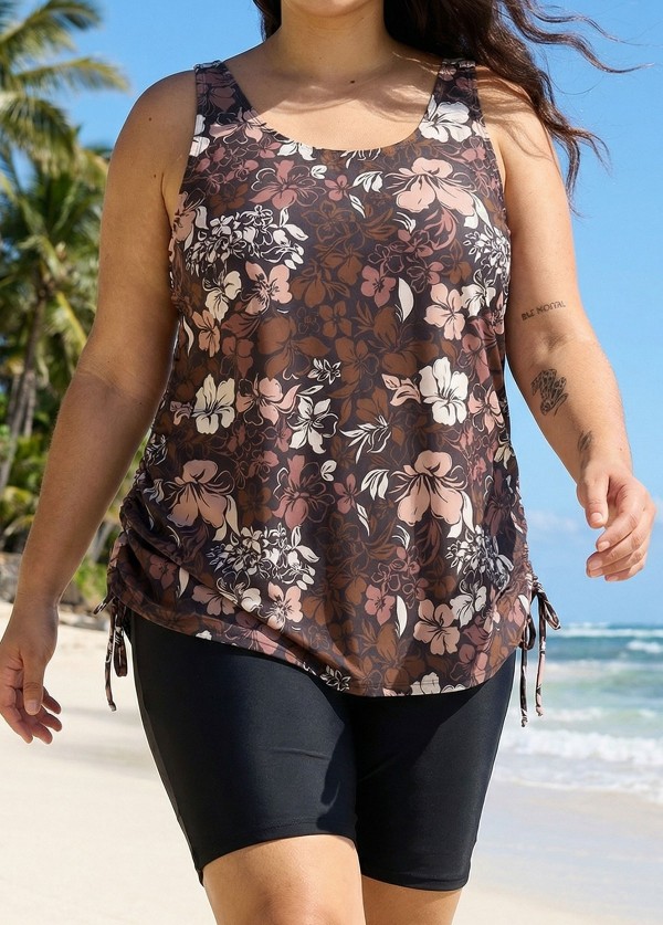 Brown Floral Scoop Neck Flattering Drawstring Curvy Women's Swimsuit Tankini Top