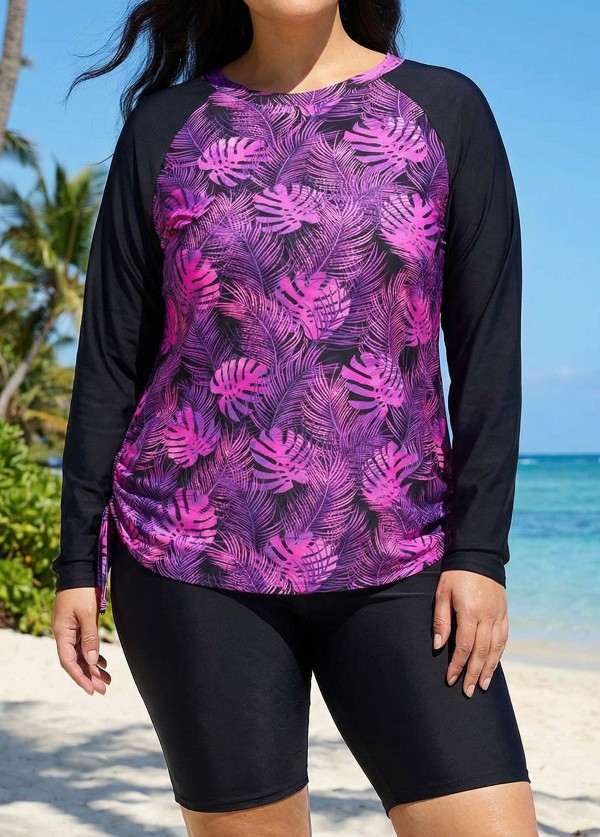 Purle Leaf High Neck Upf50+ Long Sleeves Side Drawstring Curvy Swimsuit Shirt Tankini Top