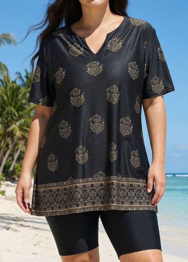 Curvy Black Floral V Neck Loose Short Sleeves Swimsuit Tankini Top