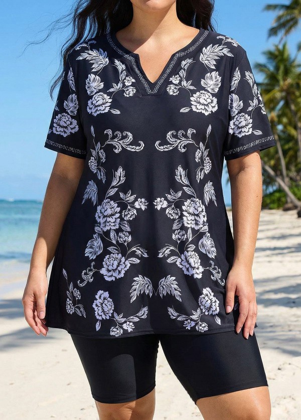 Black Floral V Neck Loose Short Plus Size  Swimsuit Tankini Top