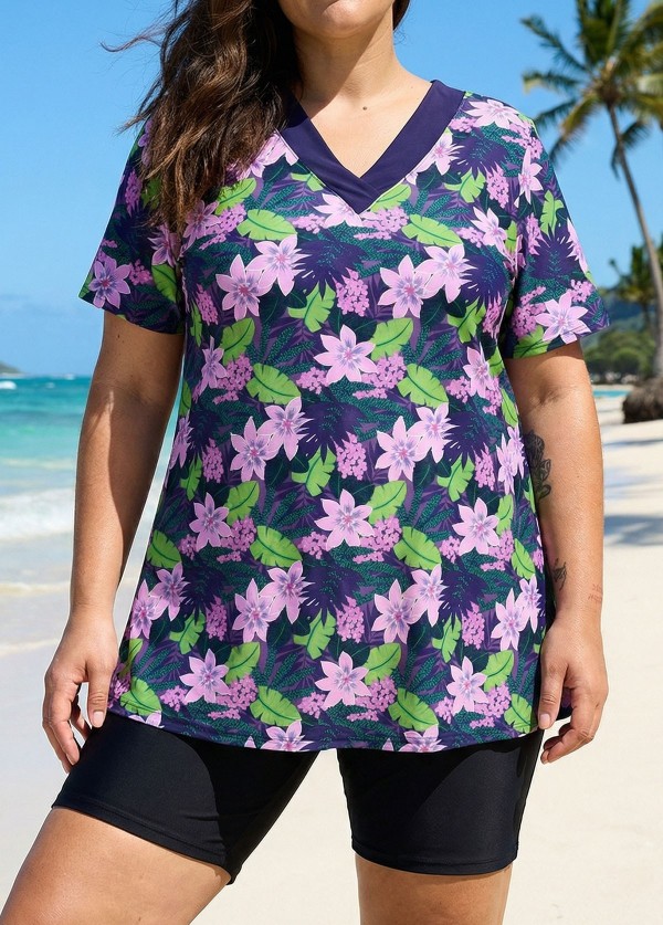 Green Leaf V Neck Upf50+ Short Sleeves Modest Padded Curvy Swimsuit Long Tankini Top