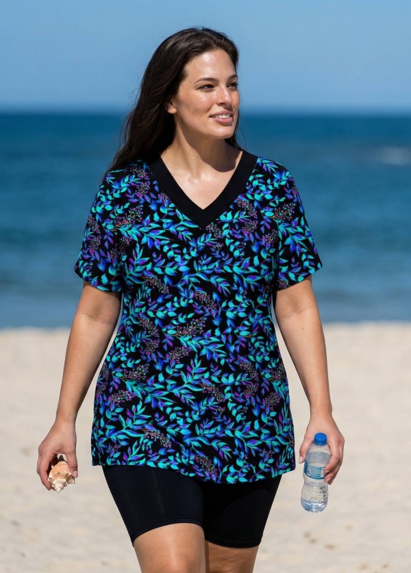 Green Iridescent Leaf Print V Neck Upf50+ Short Sleeves Flattering Curvy Swimsuit Tankini Top