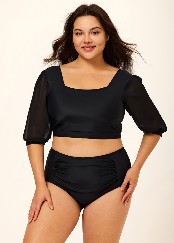 Black Square Neck Mesh Puff Sleeve Bikini Top