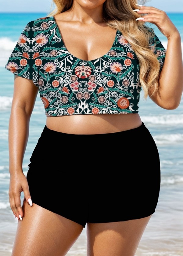 Chic Black Patterned Plus Size Bikini Set