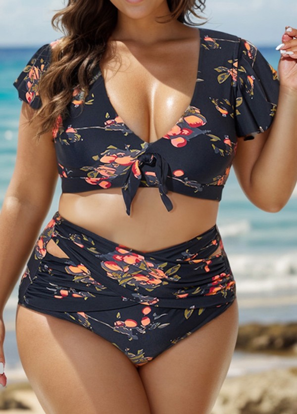 Floral Print Flutter Sleeve Elegant Swim Bikini Top
