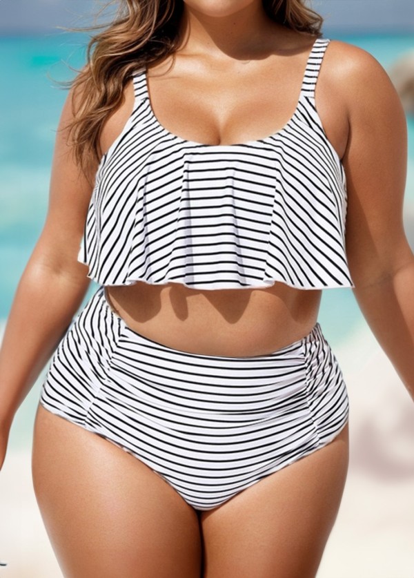Plus Size Black And White Striped Bikini Top