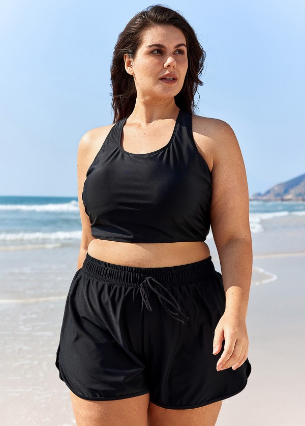 Casual Black Scoop Neck Racerback Sports Bikini Top