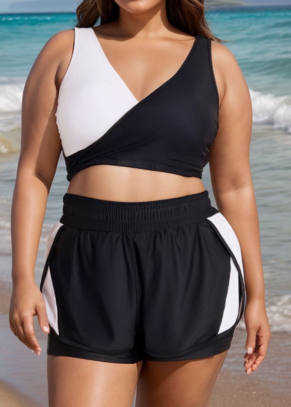 Black And White V Neck Patchwork Colorblocked Bikini Top