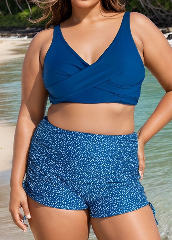 Deep Blue Twisted Front Fashion Plus Size Bikini Top