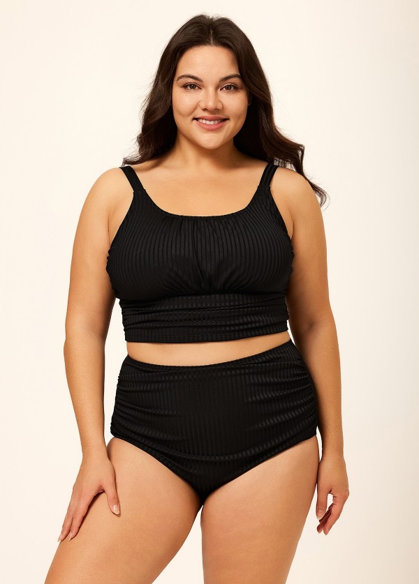 Black Puckered Halter Plus Size Modest Bikini Set