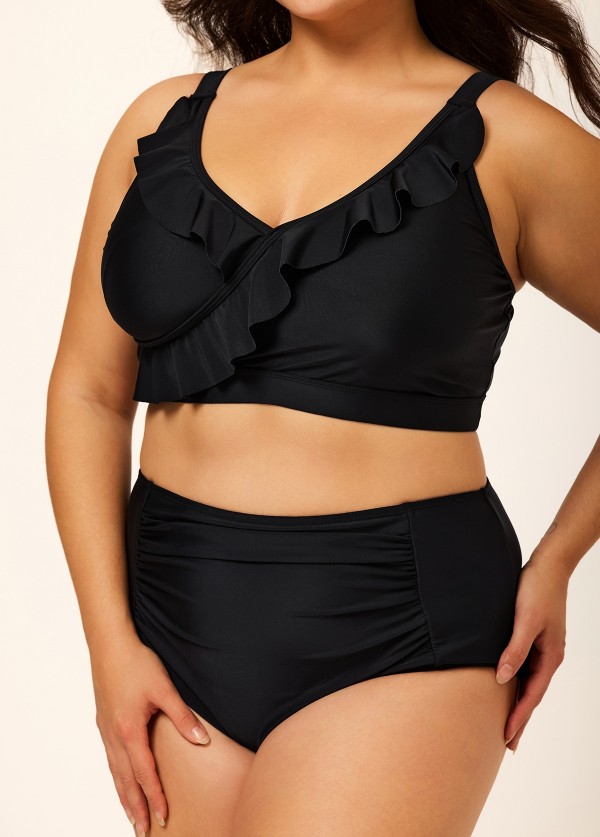 Plus Size Black With Frill Details Modest Elegant Bikini Swimsuit Top