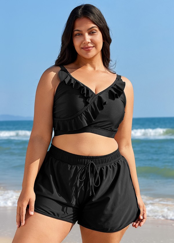 Plus Size Black With Frill Details Modest Elegant Bikini Swimsuit Top