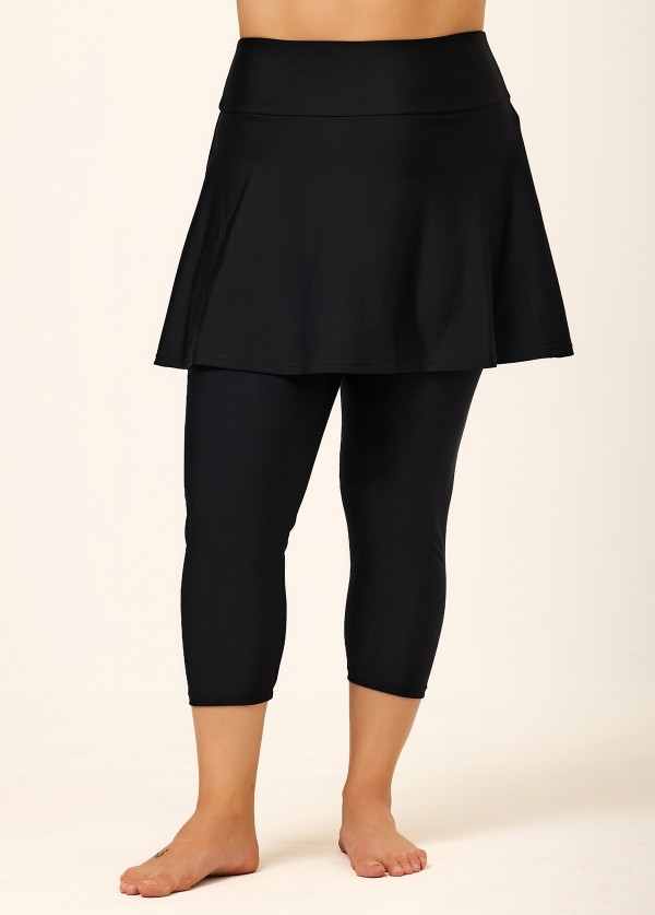 Black Flared Plus Size Modest Swimsuit Skort with Capri Leggings
