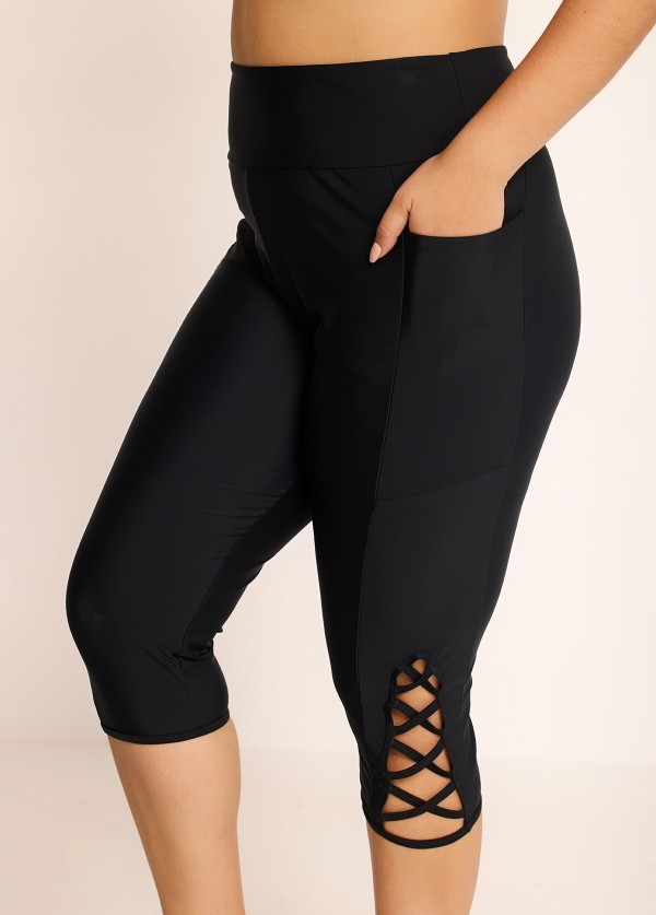 Plus Size Black High Waisted Tummy Control Side Pocket Swimsuit Bottom Swim Capri Pants