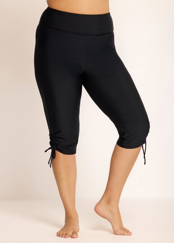 Plus Size Black High Waisted Tummy Control Side Drawstring Swimsuits Bottom Capri Pants