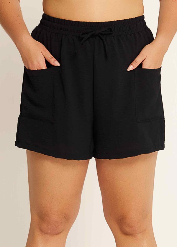 Black Drawstring Pocket Plus Size Swim Cover Ups Shorts