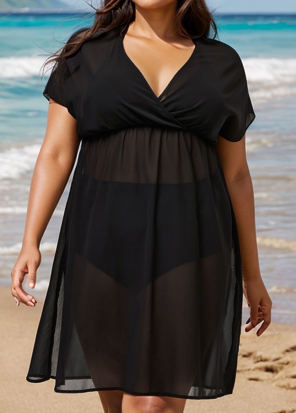 Black V Neck Semi-Sheer Split Boho Style Cover Up