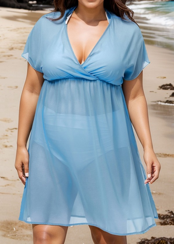 Baby Blue V Neck Semi-Sheer Split Boho Style Cover Up