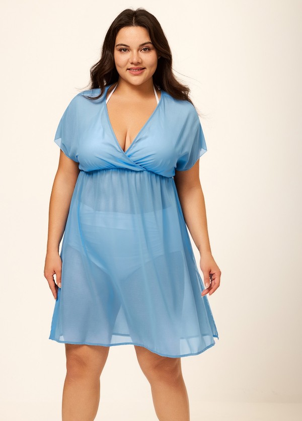 Baby Blue V Neck Semi-Sheer Split Boho Style Cover Up