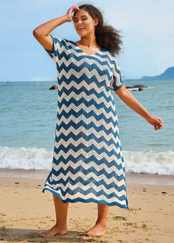 Blue And White Geometric Slit Hem Cutout Swimsuit Cover Up