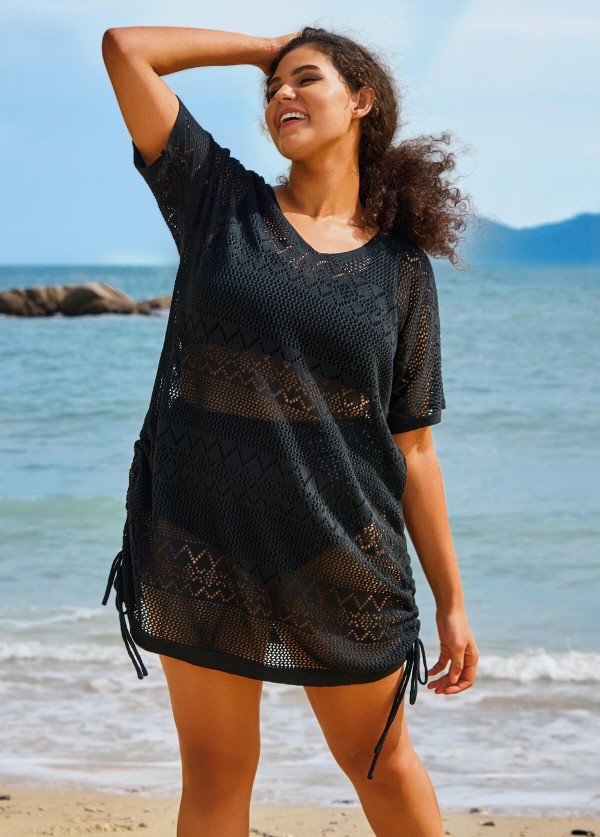Black V Neck Cut Out Drawstring Swim Cover Up