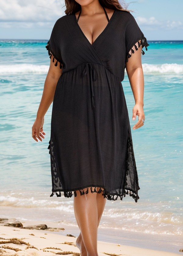 Black Weave Sleeveless Long Fringe Vacation Cover Up