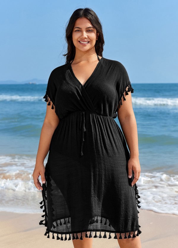 Black Weave Sleeveless Long Fringe Vacation Cover Up
