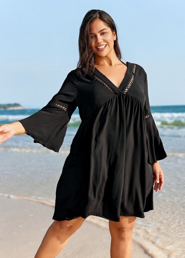 Plus Size Black V Neck Loose Side Slit Hem Cover Up