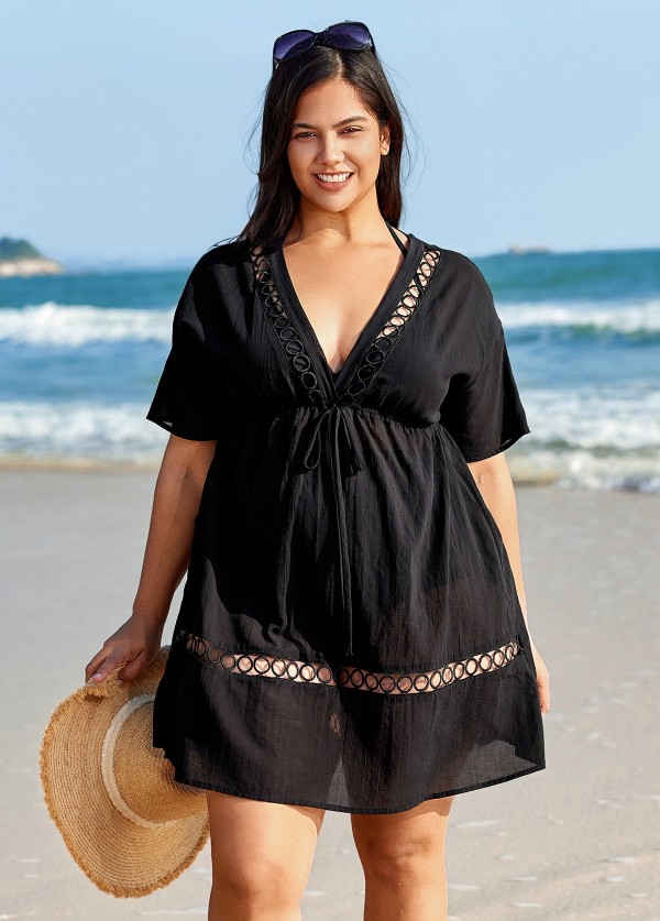 Black Fashionable Plus Size Hollow Out Short Sleeve Cover Up
