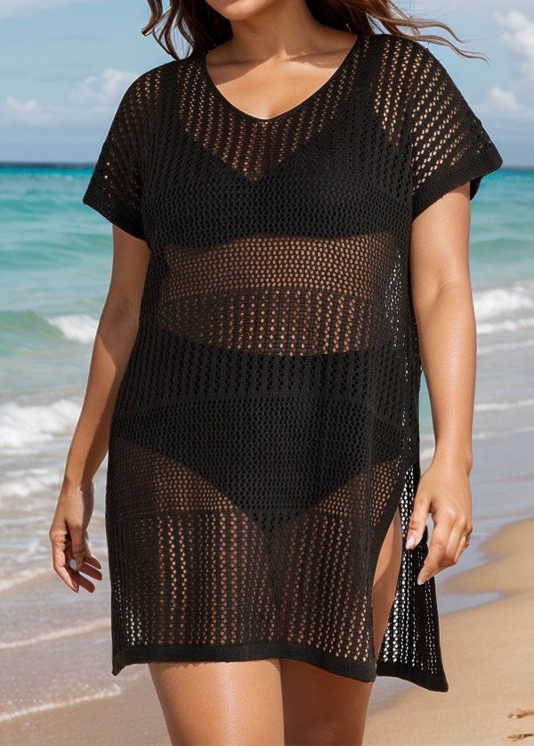 Black Plus Size Simple Side Slit Cover Up