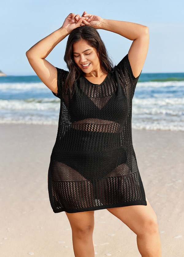 Black Plus Size Simple Side Slit Cover Up