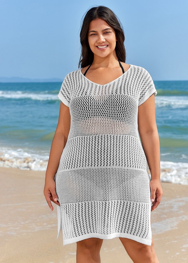 White Plus Size Simple Side Slit Cover Up