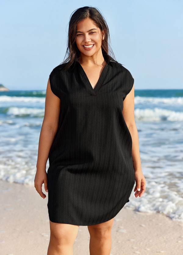 Black V Neck Sleeveless Plus Size Summer Vacation Cover Up