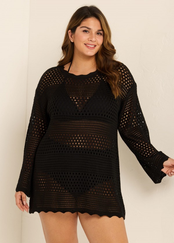 Curvy Black Hollow Crochet Knit Long Sleeves Beach Cover Ups Top