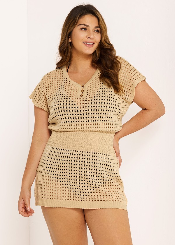 Khaki Crewneck Crochet Knit Cap Sleeves Plus Size Swimsuit Cover Up Dress