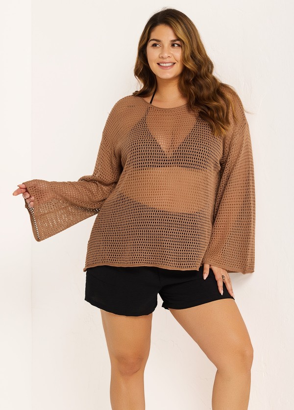 Brown Long Sleeves Crochet Knit Curvy Bathing Suit Cover Ups Top