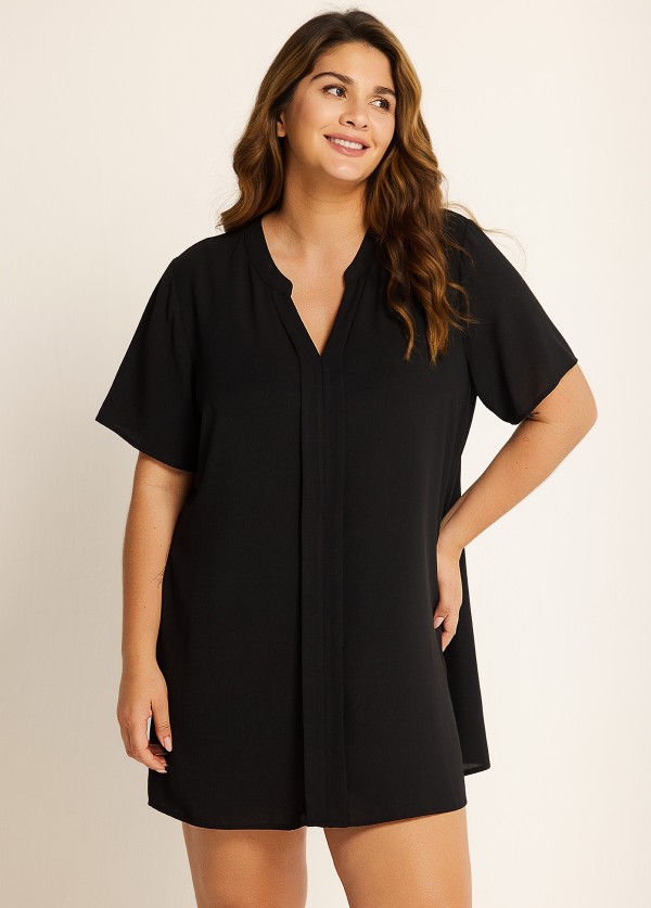 Plus Size Black Short Sleeves Gauze V Neck Beach Cover Ups Dress