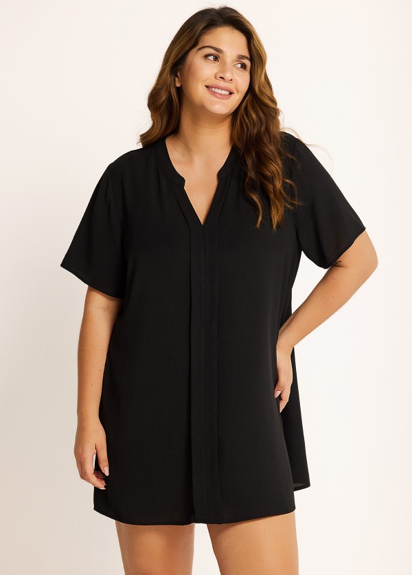 Plus Size Black Short Sleeves Gauze V Neck Beach Cover Ups Dress