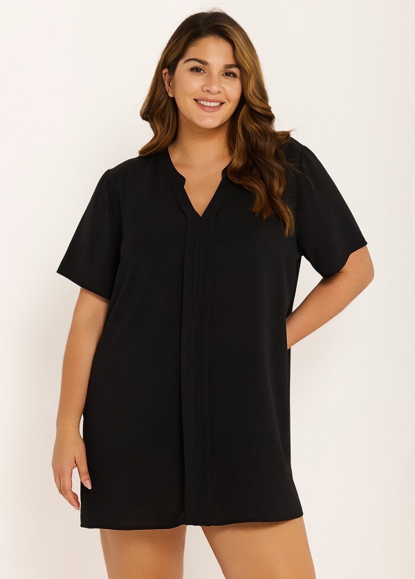 Plus Size Black Short Sleeves Gauze V Neck Beach Cover Ups Dress