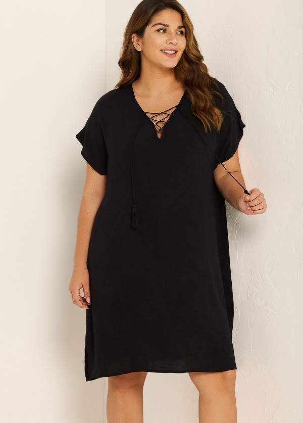 Black Lace Up Neckline Short Sleeves Plus Size Bathing Suit Cover Ups Dress