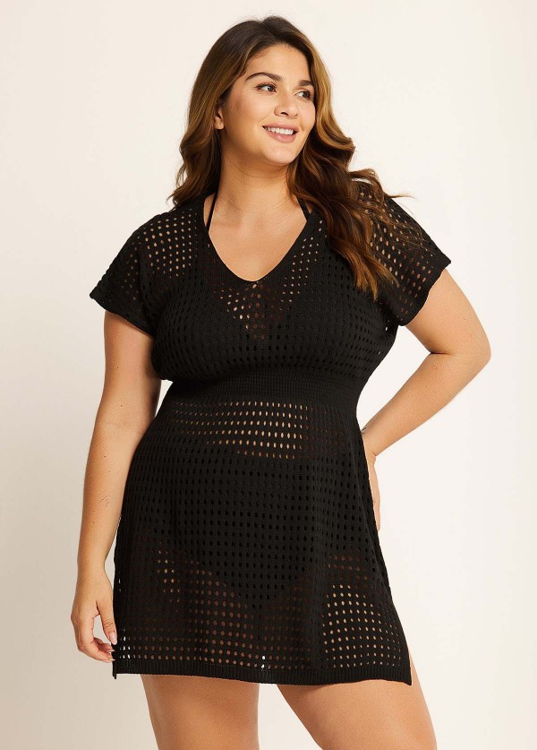 Black Cut Out Crochet Knit Cap Sleeves Curvy Swim Cover Ups Dress